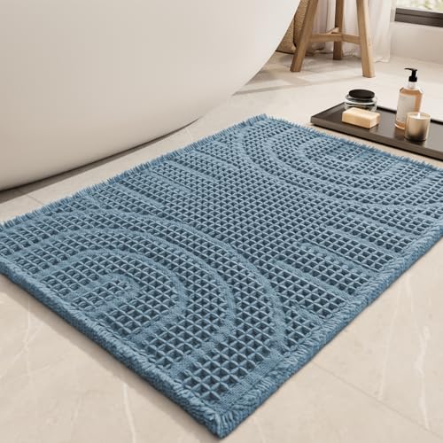 AMOAMI Waffle Bath Mat Super Absorbent Bath Mats for Bathroom Non Silp Machine Washable Bathroom Mat Soft Bath Rugs with Tassels Front of Bathtub, Sin