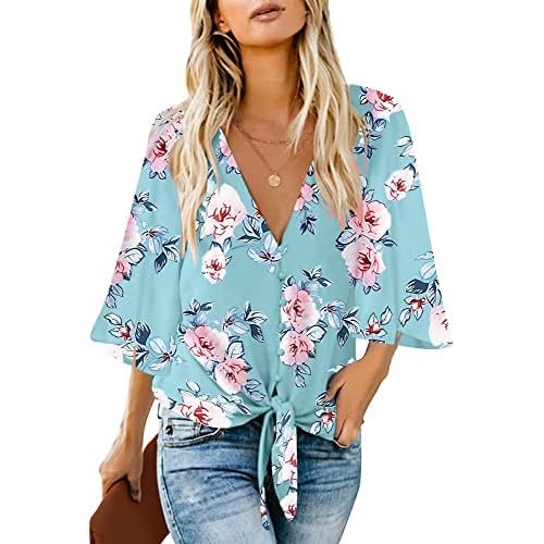 luvamia Women's V Neck Tops 3-4 Sleeve Tie Knot Floral Blouses Button Down Shirts Medium Floral Print Blue Topaz