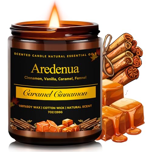 Caramel Cinnamon Candle - Fall Candles | Cinnamon Scented Candles for Autumn, 7oz Fall Soy Candles for Home Scented, 50 Hours Burn Time, Cozy Season-H