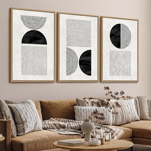 Framed Black and White Wall Art Canvas Set Mid Century Boho Pictures Modern Geometric Lines Circles Wall Decor Minimalist Bohemian Abstract Painting A