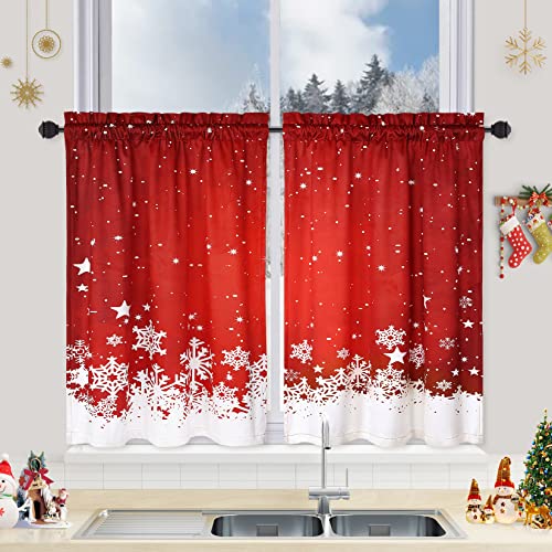 Garvee Christmas Kitchen Curtains, Red Velvet Curtains Set for Windows, Floral Snowflake Decoration Cafe Curtains, Thermal Insulated Room Darkening Sh