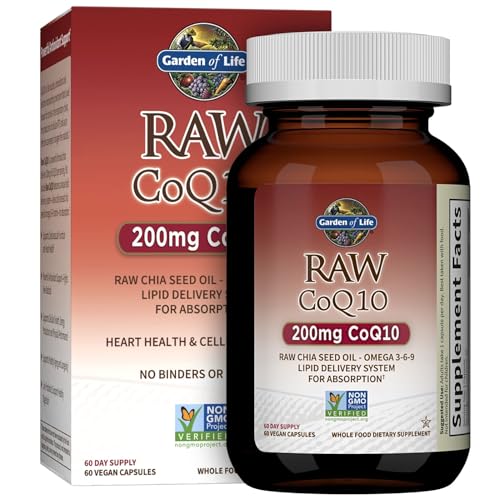 Garden of Life CoQ10 200mg, Vegetarian Omega 3 6 9 Supplement Raw Co Q 10 Chia Seed Oil, Whole Food Nutrition with Antioxidant Support, Coenzyme q10 S