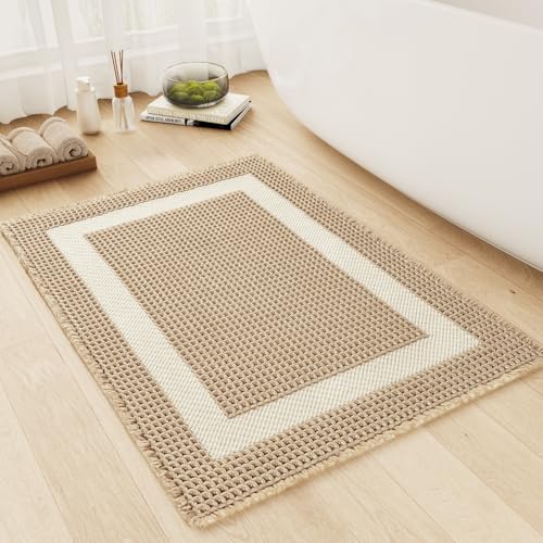 MontVoo Waffle Bath-Mat Non Slip, Super Absorbent Bath Mats for Bathroom Ultra Soft Bathroom Mat with Tassels, Boho Bathroom Rugs Non Slip Washable Ba