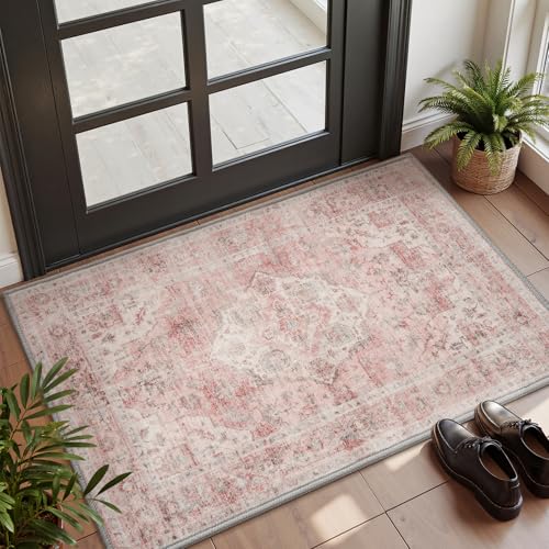 AMOAMI-2X3 Small Rug-Washable Rugs Entryway Mat Indoor-Soft Vintage Non Slip Rugs for Kitchen Laundry Room Bathroom Pink Decorative Accent Rug for in