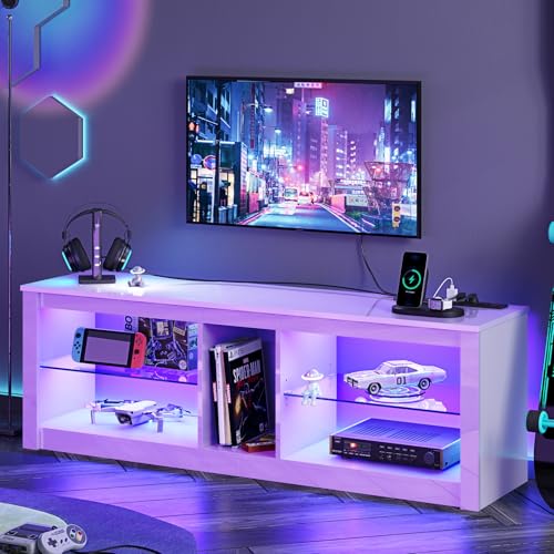 Bestier LED TV Stand for 55-60-65 Inch TV, White High Gloss Entertainment Center with Power Outlet & Adjustable Shelves, Modern Gaming TV Console with