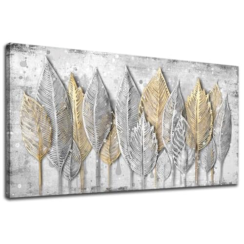 NINEASO Abstract Leaves Wall Art - Modern Aesthetic Nature Pictures Wall Decor Elegant Leaf Painting Grey White Splash Drops Canvas Print Natural Beau