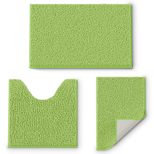 Bathroom Rug Mat Set 3 Piece, Chenille Bath Mat Set, Non-Slip Ultra Soft Carpet Mats, Absorbent with U-Shaped Toilet for Bathroom, Tub, Shower, Lime G