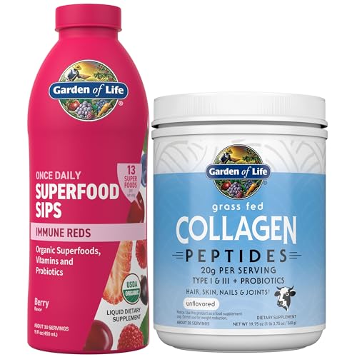 Garden of Life Restorative Bundle - Collagen Peptides Unflavored Powder for Hair, Skin, Joints, 28 Servings + Superfoods Sips Immune Reds, Vitamins, P