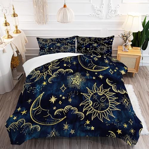 Sun and Moon Comforter Set King Size Blue Gold Boho Celestial Bedding for Kids Adult Women Teens Universe Galaxy Bohemian Exotic Gothic Quilt 1 Comfor
