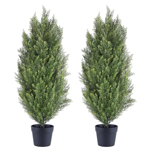 3ft Cedar Artificial Topiary Trees Outdoor Set of 2 - UV Resistant Faux Potted Plants, Fake Pine Evergreen Bushes & Shrubs for Front Door, Porch, Pati