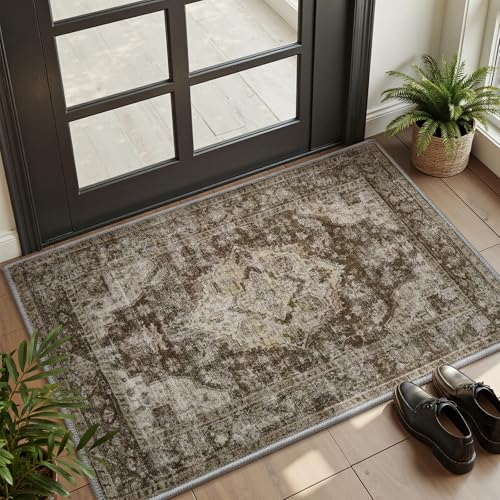 AMOAMI-2X3 Small Rug-Washable Rugs Entryway Mat Indoor-Soft Vintage Non Slip Rugs for Kitchen Laundry Room Bathroom Brown-Coffee Decorative Accent Rug