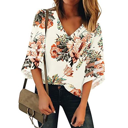 luvamia Women's Casual V Neck Blouse 3-4 Bell Sleeve Mesh Panel Shirts Loose Top Medium A2 Apricot