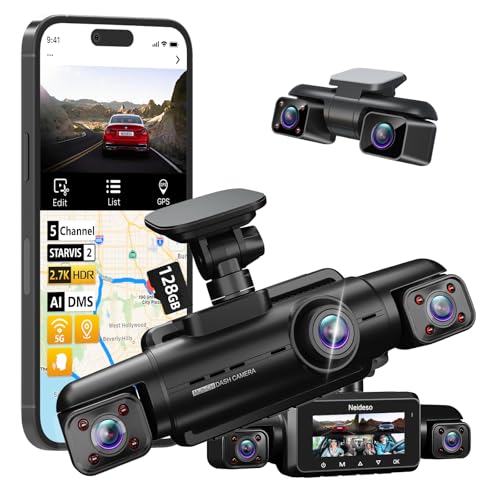 Dash Cam Front Rear Inside, 5 Channel STARVIS 2, AI Dashcam Driver Monitor System, HDR 2.7K + 1080P*4 Car Camera, 360° Car Dash Cam, 5G WiFi GPS, 128