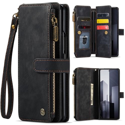 for Samsung Galaxy Z Fold 6 Wallet Case with 5 Card Holder Slots Magnetic Zipper Pocket Pouch Flip KicStand Durable Premium Leather PU with Lanyard St