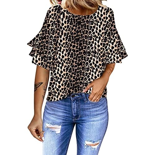 luvamia Women's Casual 3-4 Tiered Bell Sleeve Crewneck Loose Tops Blouses Shirt XX-Large A2 Leopard Print