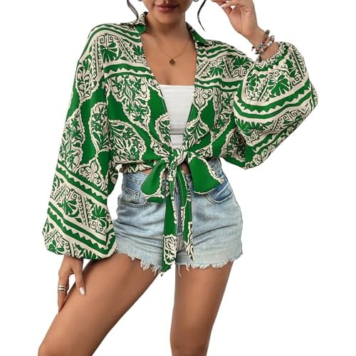 Eddoyee Women's Deep V Neck Tie Front Knot Wrap Tops Long Lantern Sleeve Casual Boho Blouses Loose Tunic Self-tie Shirts Green Large