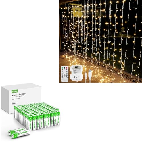 Lepro Bundle - AA Batteries 100 Pack & Battery or USB Powered Curtain Sting Lights