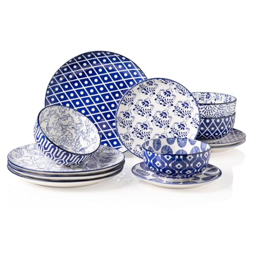Sweejar Plates and Bowls Set for 4, 12 Pieces Handmade Ceramic Dinnerware Sets, Highly Scratch Resistant Dishes Set for Kitchen, Porcelain Dishwasher