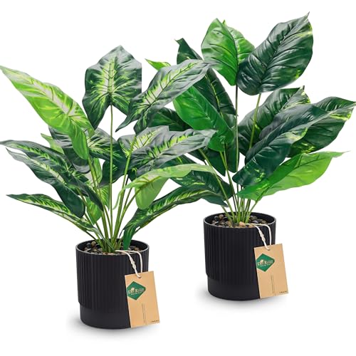 Der Rose 2 Pack Fake Plants Artificial Tropical Plants Indoor in Black Pot for Home Office Desk Accessories Bathroom Sage Green Decor