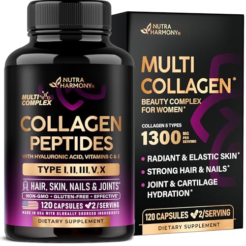 Multi Collagen Peptides - Hydrolyzed Types I, II, III, V & X - Collagen Supplement for Women 1300mg - w- Hyaluronic Acid, Vitamins C & E - Skin, Hair,