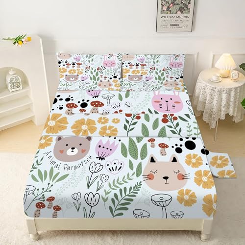Cat Sheets Set: Floral Cat Bedding Set Full-Queen Size for Girls Teens Women Bedroom Flower Bed - 1 Flat Sheet, 1 Fitted Sheet, 2 Pillowcases Animals