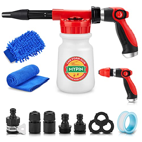 Car Wash Foam Gun-Hose Sprayer, 16 IN 1 Cannon, Adjustable with 2.5-6 Ratio Dial Foam Blaster, 1L Bottle, Nozzles, Mitten, 1-2” Quick Connector for