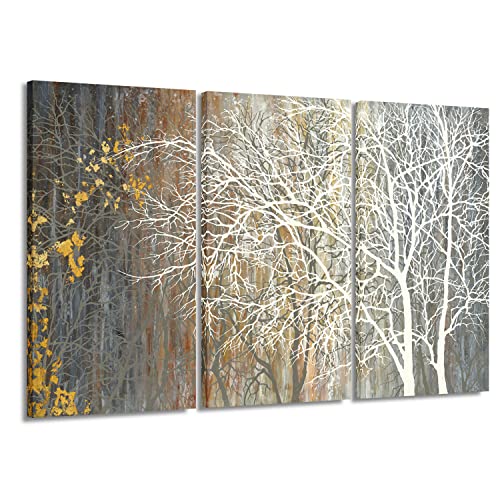 Yihui Arts Brown Canvas Wall Art - Tree Couples Paintings with Gold Foil - 3 Panels Abstract Forest Pictures for Farmhouse Bedroom Bathroom Living Roo