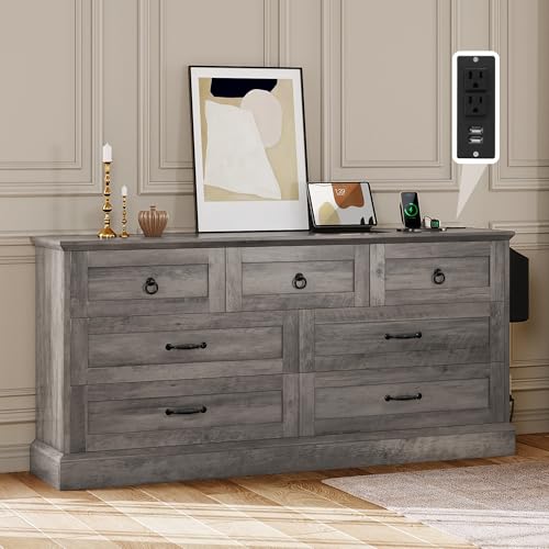 YITAHOME Farmhouse 7 Drawers Dresser, 59" Wide Wood Rustic Chest of Drawers with Nice Texture, Vintage Design, Storage Dressers Organizer for Living R