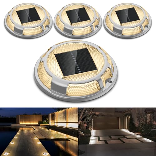 Solar Driveway Lights Dock Lights Waterproof 4 Pack, 2 Colors in 1 Outdoor LED Solar Deck Lights, Solar Powered Walk Way Lights Road Marker for Warnin