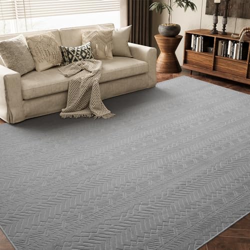AMOAMI-Washable Area Rugs 8x10-Boho Light Grey Rugs for Living Room Machine Washable-3D for Bedroom-Non Slip Floor Rug-Moroccan Washable Rugs for Bedr