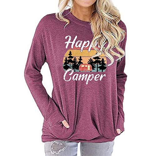 Fuyxxmer Womens Happy Camper Sweatshirt Vintage Mountain Graphic Tee Long Sleeve Pullover Blouses Top Shirts with Pockets Fuchsia Small