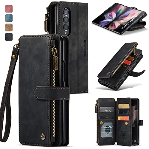 for Samsung Galaxy Z Fold 4 Wallet Case with 5 Card Holder Slots Magnetic Zipper Pocket Pouch Flip KicStand Durable Premium Leather PU with Lanyard St