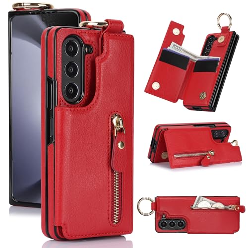 for Samsung Galaxy Z Fold 5 Wallet Case with Zipper and Credit Card Holder, Cash Slot, Premium Leather Magnetic Clasp Kickstand Heavy Duty Ring Protec