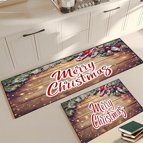 Christmas Kitchen Rugs and Mats Sets of 2,Wood Grain Non-Slip Washable Xmas Area Rug Merry Christmas Rugs Doormat Indoor Home Floor Decoration,20"x32"