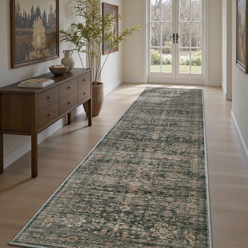 MontVoo-Vintage 2x10 Runner Rug-Soft Green Washable Runners for Hallways-Non Slip Bedside Rugs for Bedroom-Machine Washable Long Rug for Hallways Entr