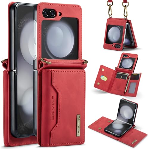 for Samsung Galaxy Z Flip 6 Case with Crossbody Wallet, 8 Cards Slot and Premium Leather Kickstand Vintage Card Holder.(Red) Red Samsung Galaxy Z Flip