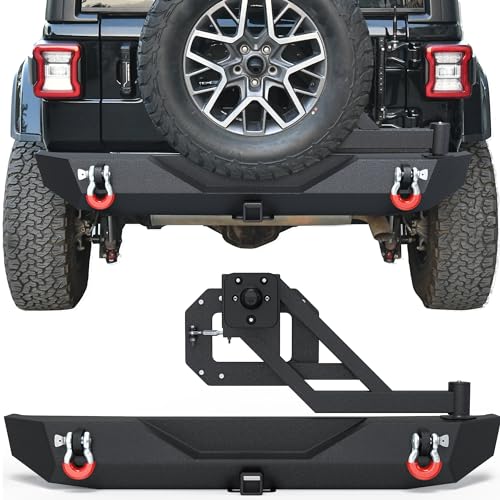YITAMOTOR Rear Bumper w-Spare Tire Carrier Compatible with 2018-2025 Jeep Wrangler JL JLU Unlimited, Off-road Back Bumper w- 2" Hitch Receiver & D-Rin
