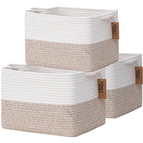 COMFY-HOMI 3-Pack Cotton Rope Woven Basket with Handles for Shelves, Books, Toys, Cloth Storage|Towel Storage|Nursery Baby Basket - 13.5" x 11" x 9.5"