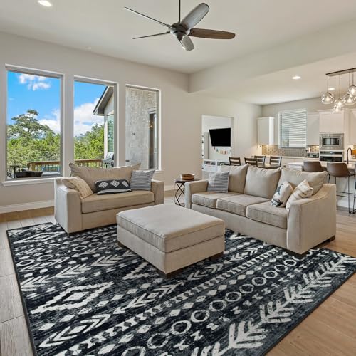 Lahome Boho Moroccan Area Rugs 9x12 Living Room, Ultra-Thin Soft Black White Rug for Bedroom Playroom Stain Resistant, Washable Rustic Tribal Print In
