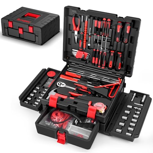 Sundpey 132-PCs Car Tool Kit - Portable General Basic Home and Automotive Repair Tool Set with Drawer for Men Women with Hook & Pick & Fastener & Valv
