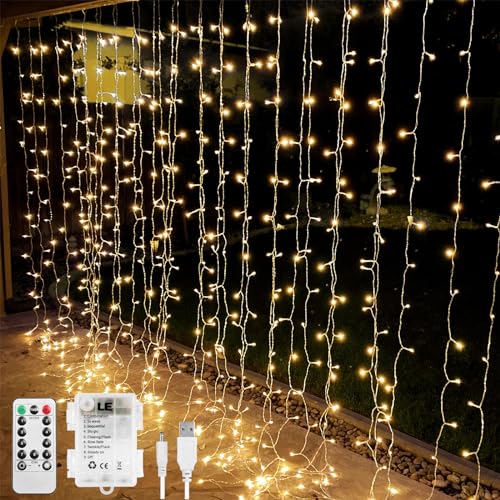 LE Fairy Curtain Lights Battery Operated & USB Plug in, Remote 10 x 10 ft Hanging String Lights for Bedroom Wall, 300 LED Indoor Outdoor Twinkle Light