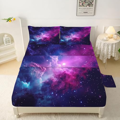 Purple Galaxy Sheet Sets Twin Size Constellation Bedding Set Kids Teens Girls Boys Starry Sky Fitted Sheet Outer Space Universe Star 1 Flat Sheet 1 Fi