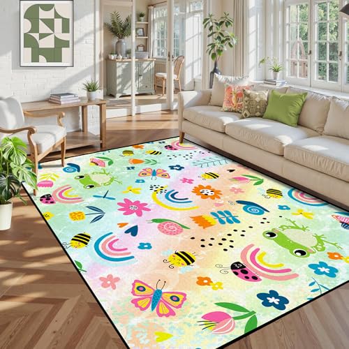 5' x 7' Cute Rainbow Rug Frog Butterfly Floral Cartoon Area Rugs for Kids Boys Girls Children Bedroom Playroom Carpet Living Room Decor Dorm Door Floo