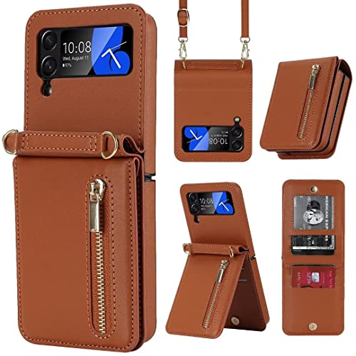 for Samsung Galaxy Z Flip 3 Luxury Zipper Wallet Phone Case, Multi-Function Kickstand Card Holder Adjustable Crossbody Strap, Fashion Flip Case，Perf