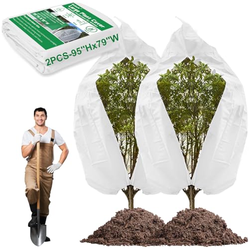 Rohuis Plant Covers Freeze Protection Winter, 2 Packs 95" Hx79 W 2.82oz Huge Tree Blankets Frost Cloth for Outdoor Plants with Zipper Drawstring, Larg