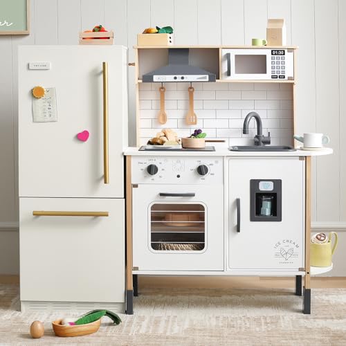 Tiny Land Wooden Play Kitchen Set with Toy Fridge, Pretend Play Kitchen for Kids with Lights & Sounds, 18 Pcs Accessories, Adjustable Height, Storage