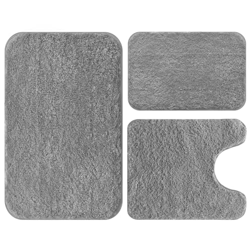 Bathroom Rugs Set 3 Piece Soft Absorbent Bath Rugs, Microfiber Bath Mats and U-Shaped Contour Toilet Rug with Non-Slip Rubber Backing Bath Rug Sets Th