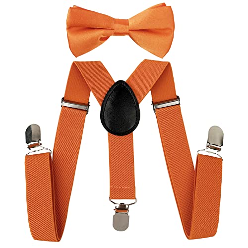 SEVENHEAD Child Kids Suspenders Bowtie Set Adjustable Elastic Y-Back Design with Strong Metal Clips for Boys and Girls Orange