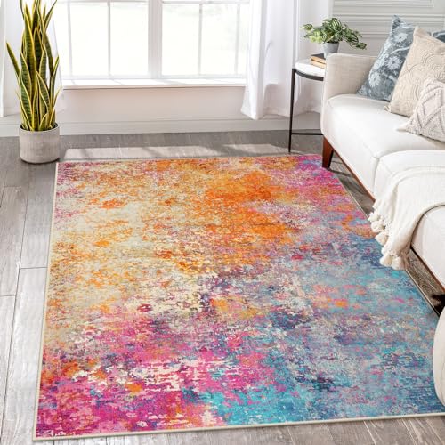Lahome Modern Abstract Washable 5x7 Area Rugs for Living Room, Colorful Soft Bedroom Rug Low Pile Non Slip,Stain Resistance Dining Room Carpet for Nur