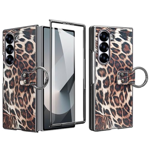 for Samsung Galaxy Z Fold 6 Ring Case with Luxurious Stylish Leather Leopard Pattern Design, Built-in Front Screen Protector Anti-Slip, Anti-Drop, and